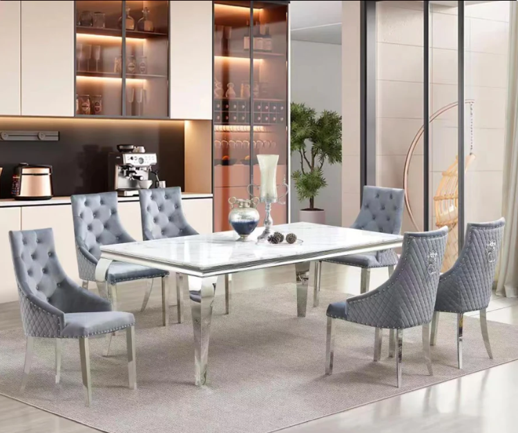 7 Pcs Dining Set Grey and Silver