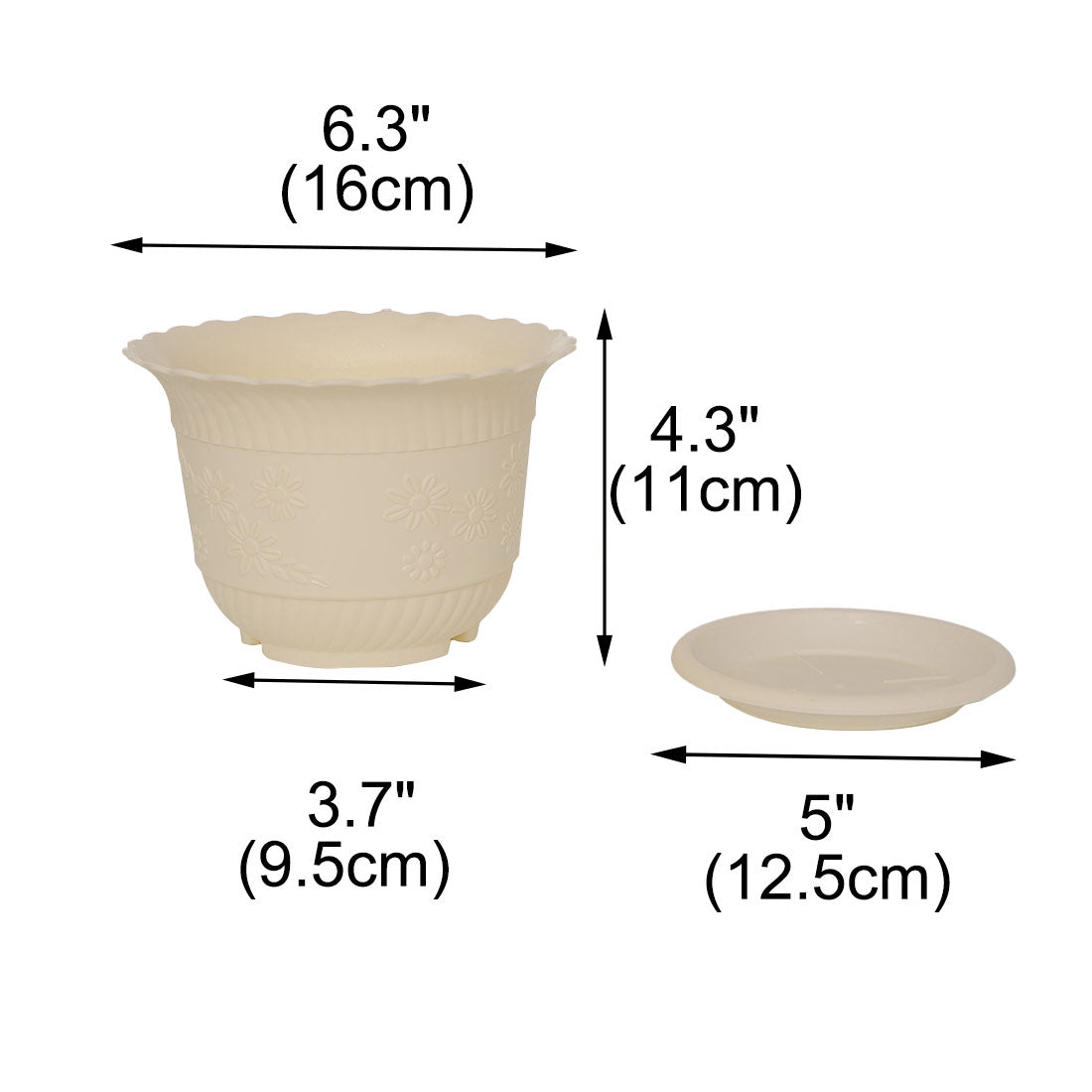 Home Office Garden Plastic Floral Pattern Plant Flower Pot Beige w Tray