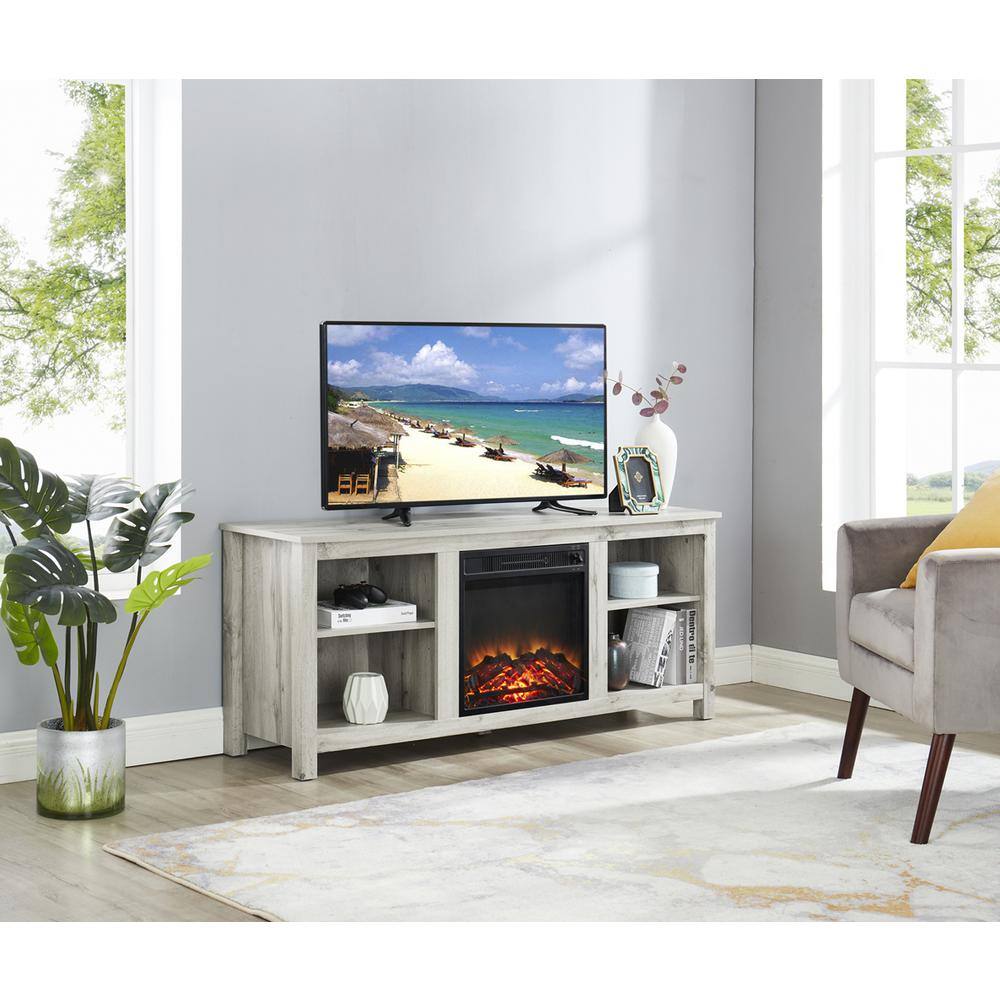 58 in. Gray Wood Electric Fireplace TV Stand with Open Storage Shelves Fits TV's up to 65 in. with Cable Management STVStand2022-5