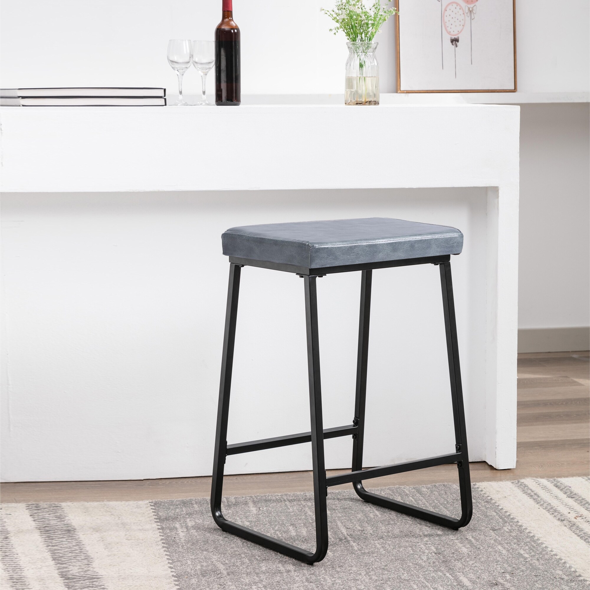 Porthos Home Senga Bar Stools Set of 2， PU Leather， Iron Legs