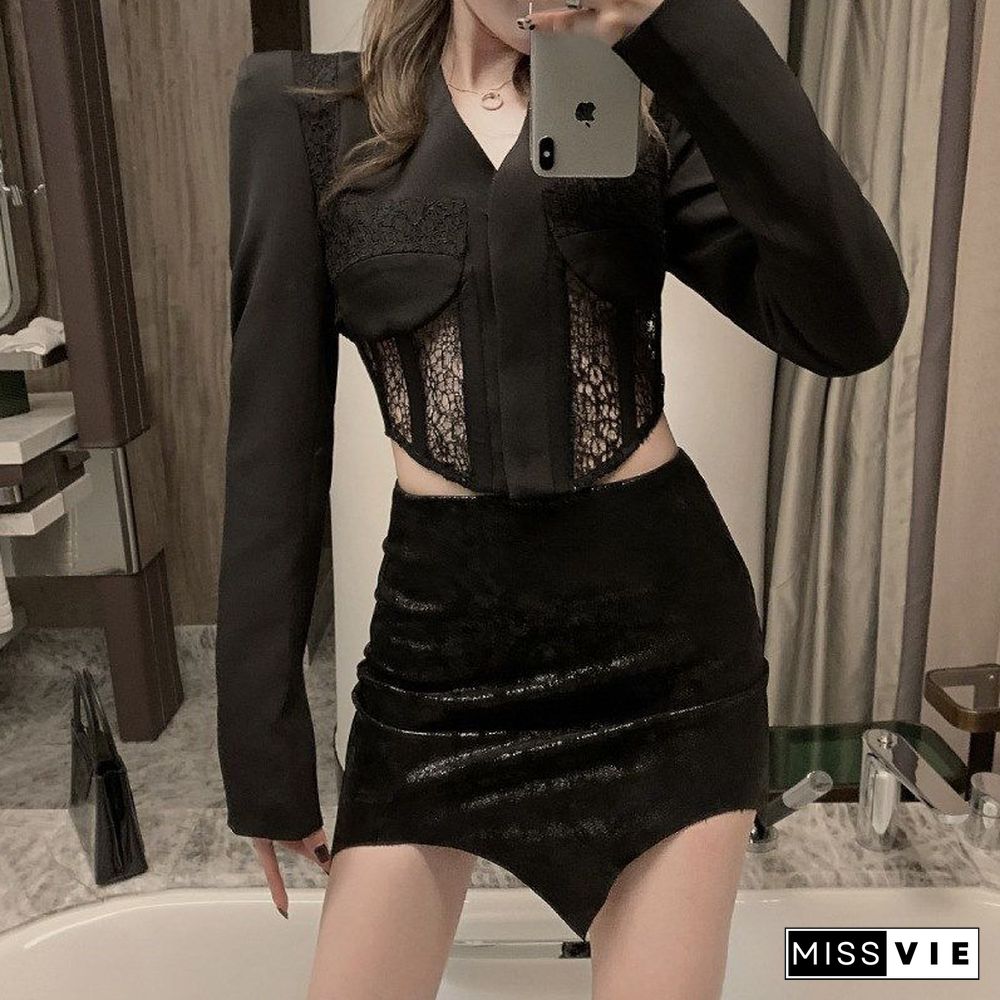 Slim Fit Tailored Blocked Mesh Lace Cropped Corset jacket