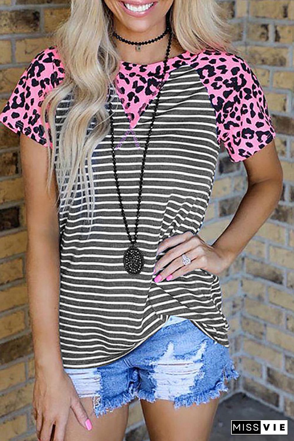 Leopard Stripe Splicing O-neck Tee