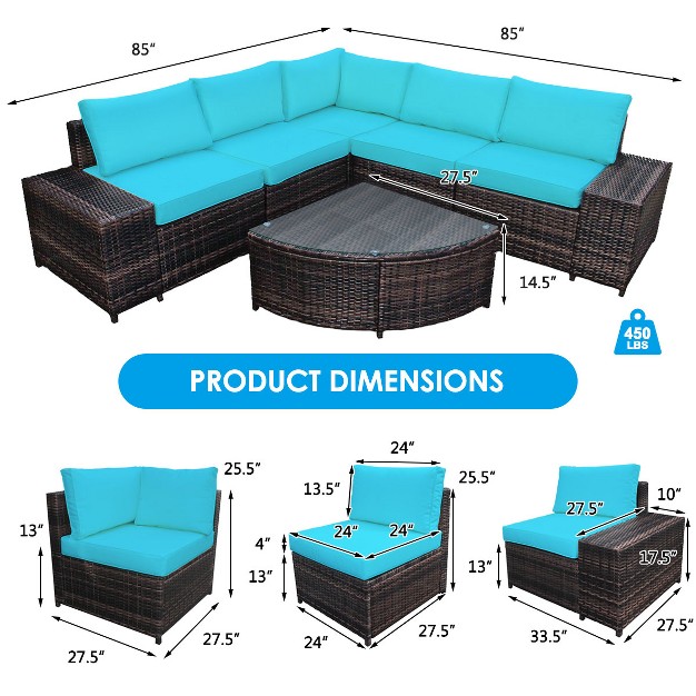 Tangkula 6 piece Outdoor Rattan Conversation Set Sectional Sofa Set With Arc shaped Table