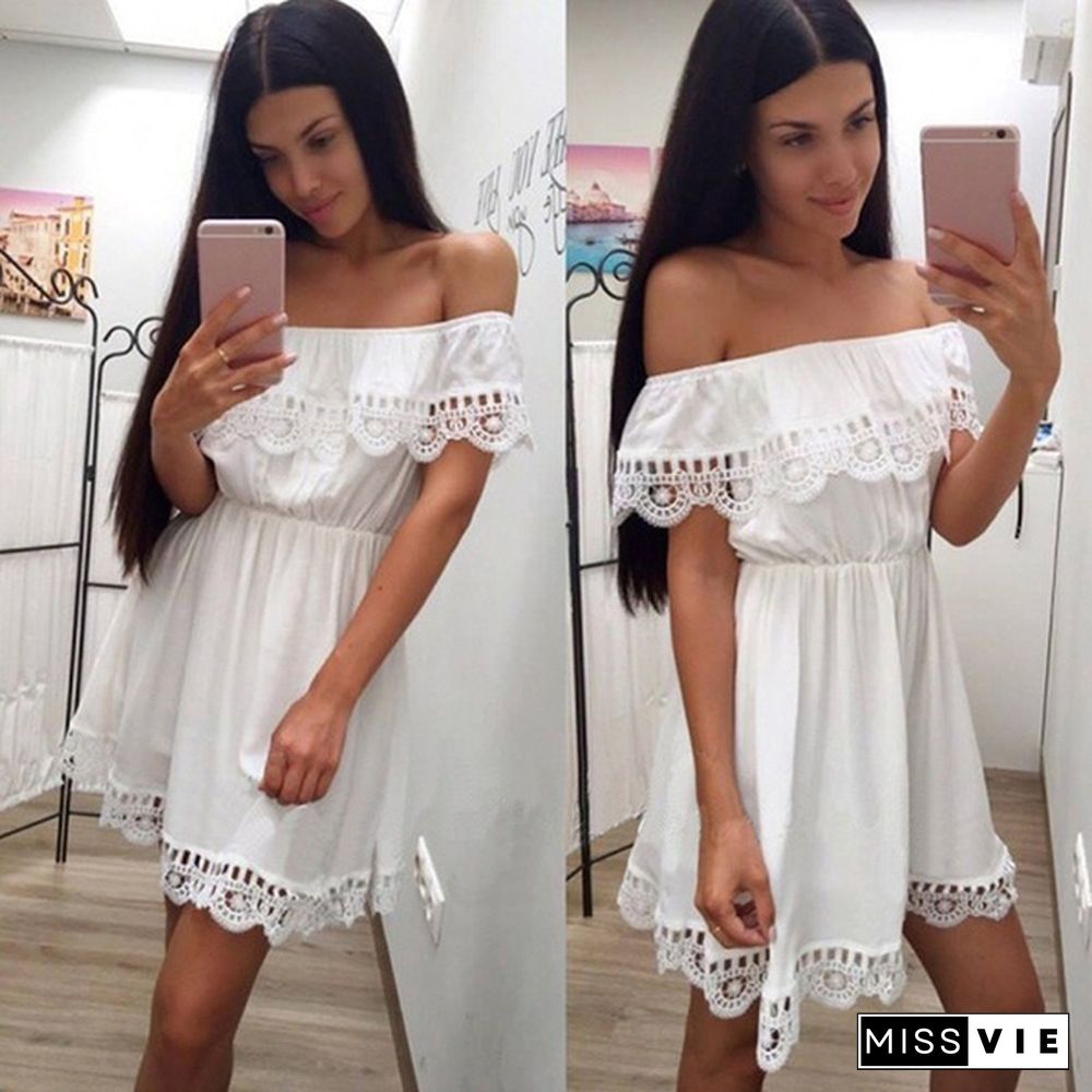 Summer Women White Lace Stitching Dress Off Shoulder Strapless Dress Neck Mini Dresses