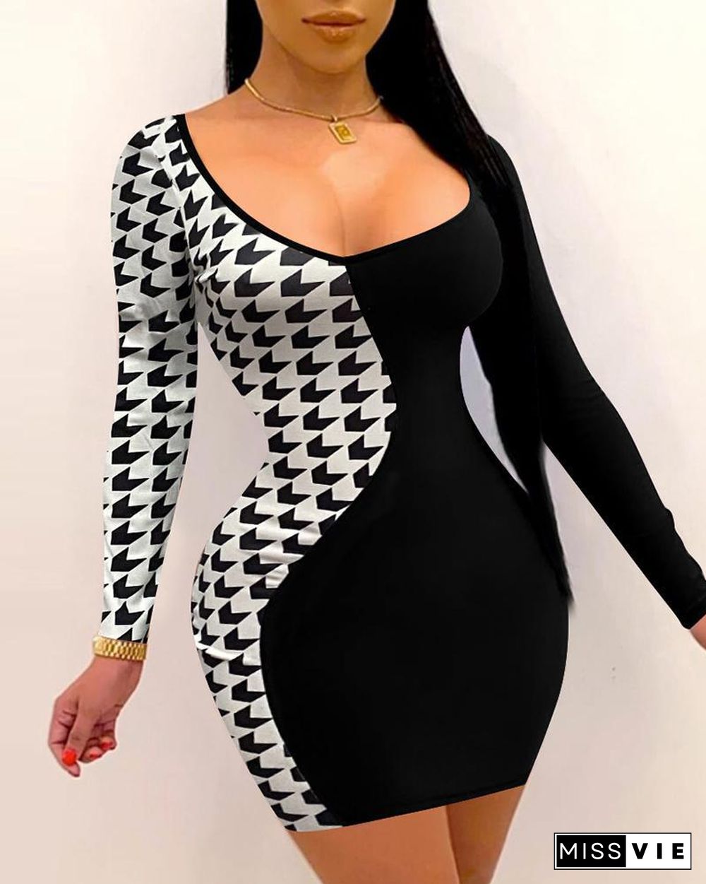 Houndstooth Print Long Sleeve Bodycon Dress P12375