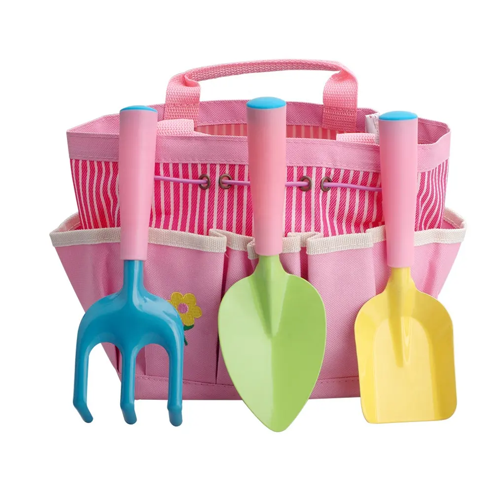 Beach Toy Pink Shovel Rake Fork Trowel Mini Kids Garden Hand Tool Set With Bag