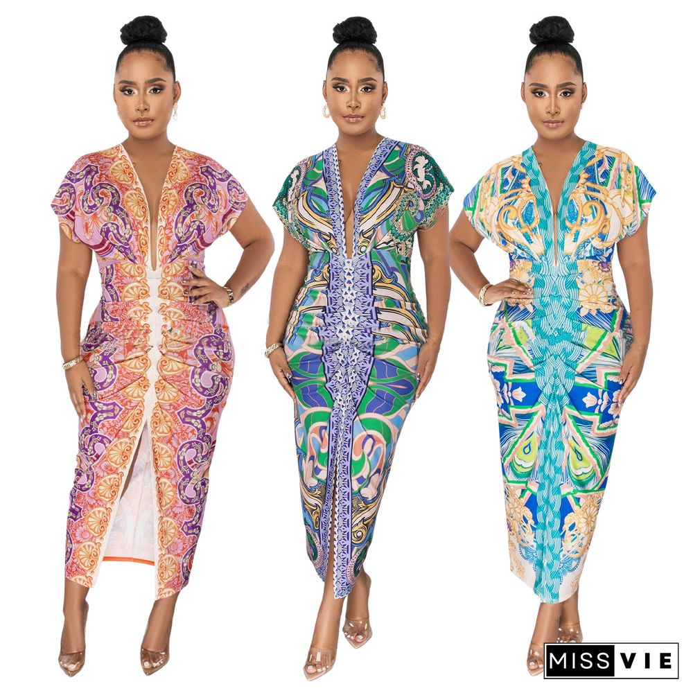 Printed V-neck Ethnic Style Slit Pleated Dress