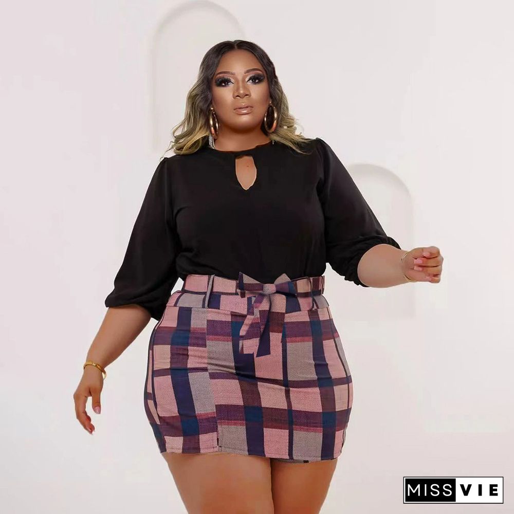 Plus Size Long Sleeve Crop Tops Plaid Skirts Set