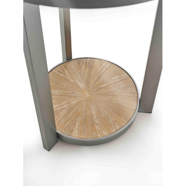 Modern Round Silver End Table， Contemporary Metal Frame Side Table for Living Room， 2-Tier End Table， Natural Wood and Silver