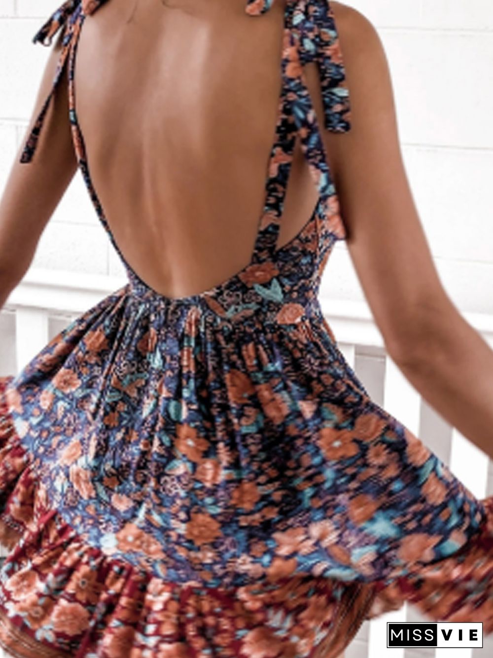 Sexy V-Neck Backless Floral Dress