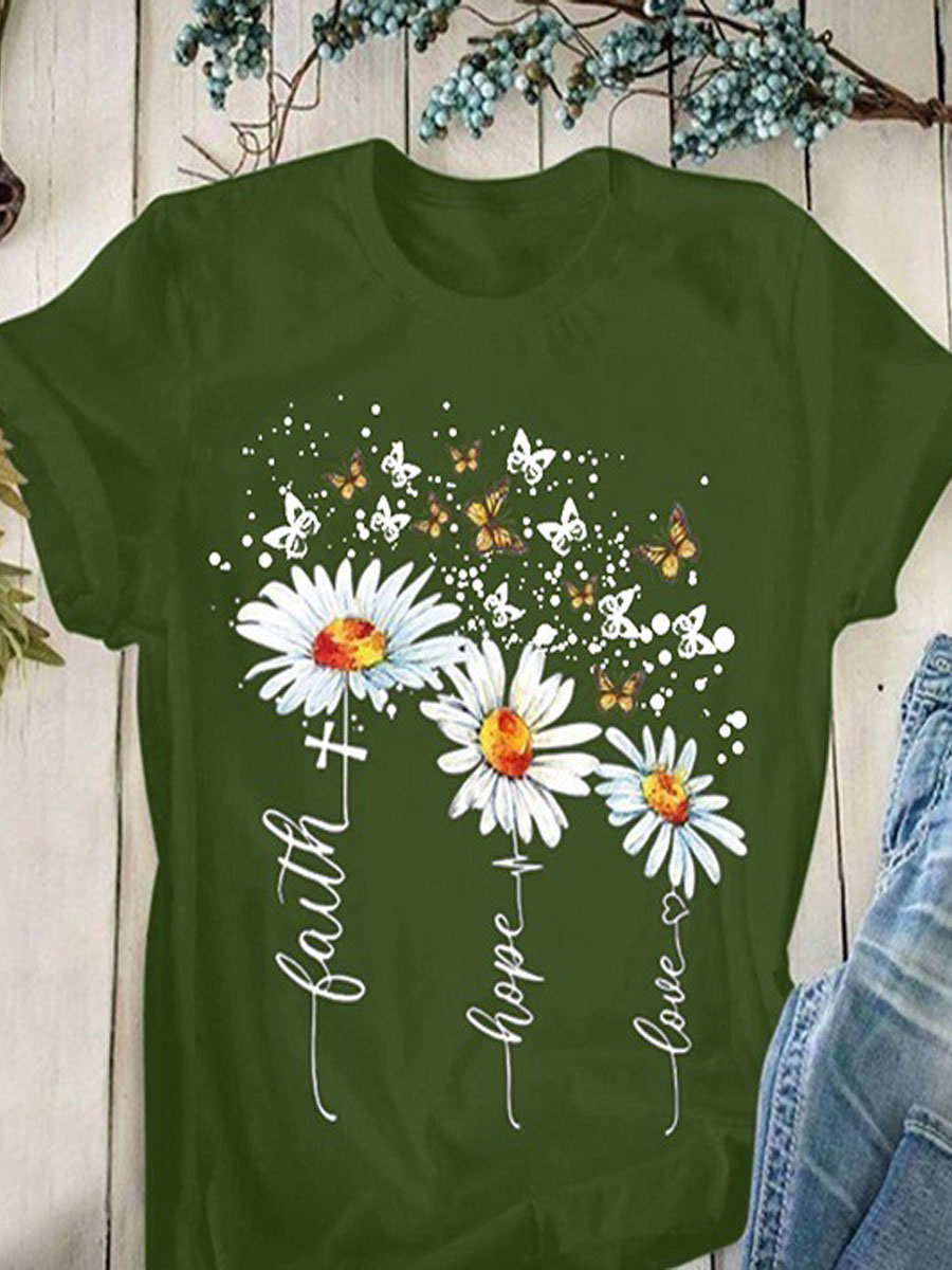 Round Neck Casual Creative Flower Print T-Shirt