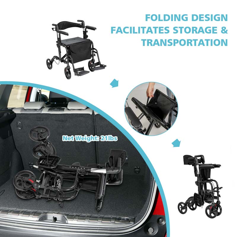 2 in 1 Rollator Walker Wheelchair Folding Medical Walker Rolling Transport Chair Mobility Walking Aid