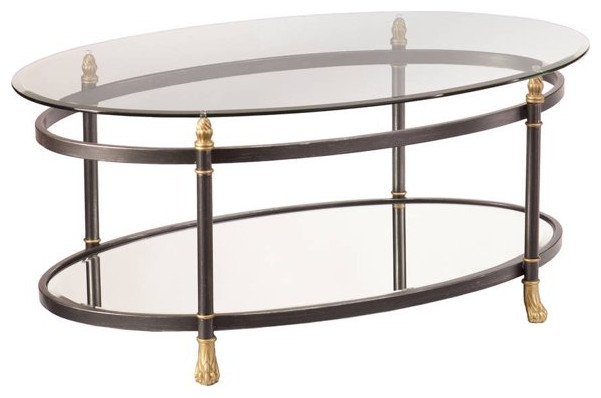 Classic Coffee Table  Dark Gray Metal Frame With Golden Accents  Oval Glass Top   Traditional   Coffee Tables   by Declusia  Houzz