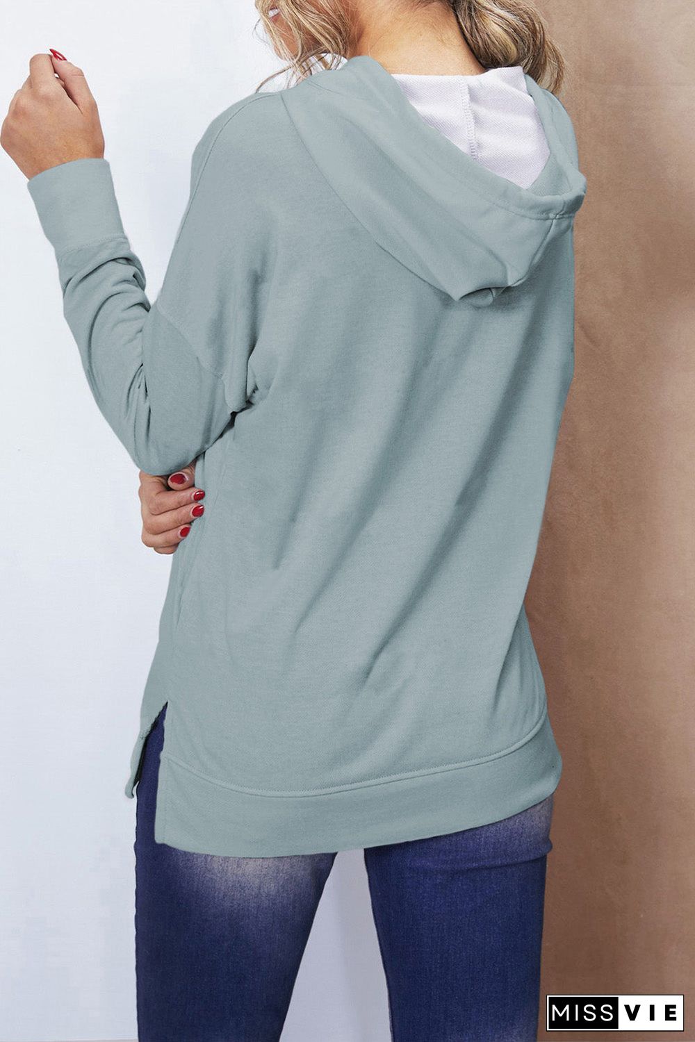 Sky Blue Drop Shoulder Slit Hem Casual Hoodie