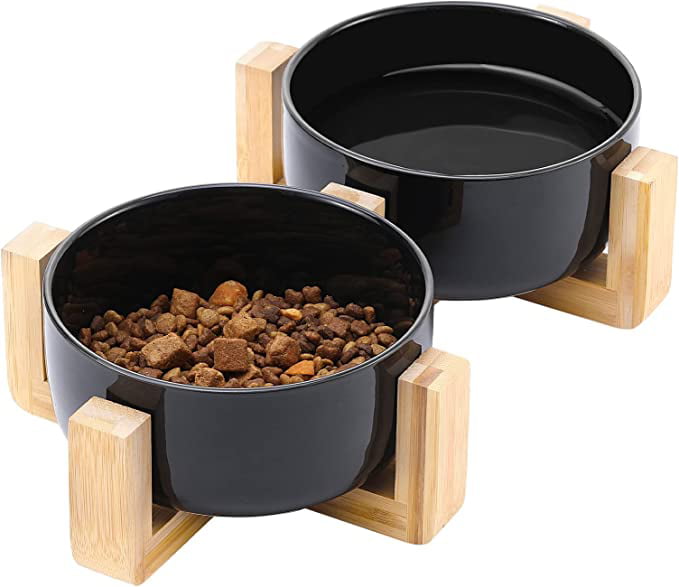 Pawaboo Ceramic Dog Cat Food and Water Bowls Set with Wooden Stand & Non-Slip Silicone Pad, Modern Cute Bowl Set for Small Size Dogs and Cats (15.2OZ) & Medium Sized Dogs (28OZ), 6inch-Black