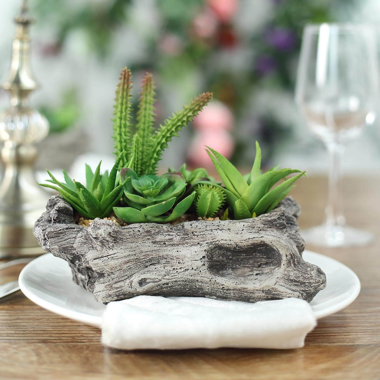 Natural Artificial Log Planter and 15 Assorted Succulent Plants 7