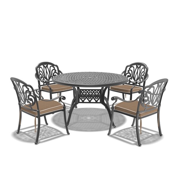 5/7Piece Cast Aluminum Outdoor Dining Set with 48.03 in. Round Table and Random Color Cushions