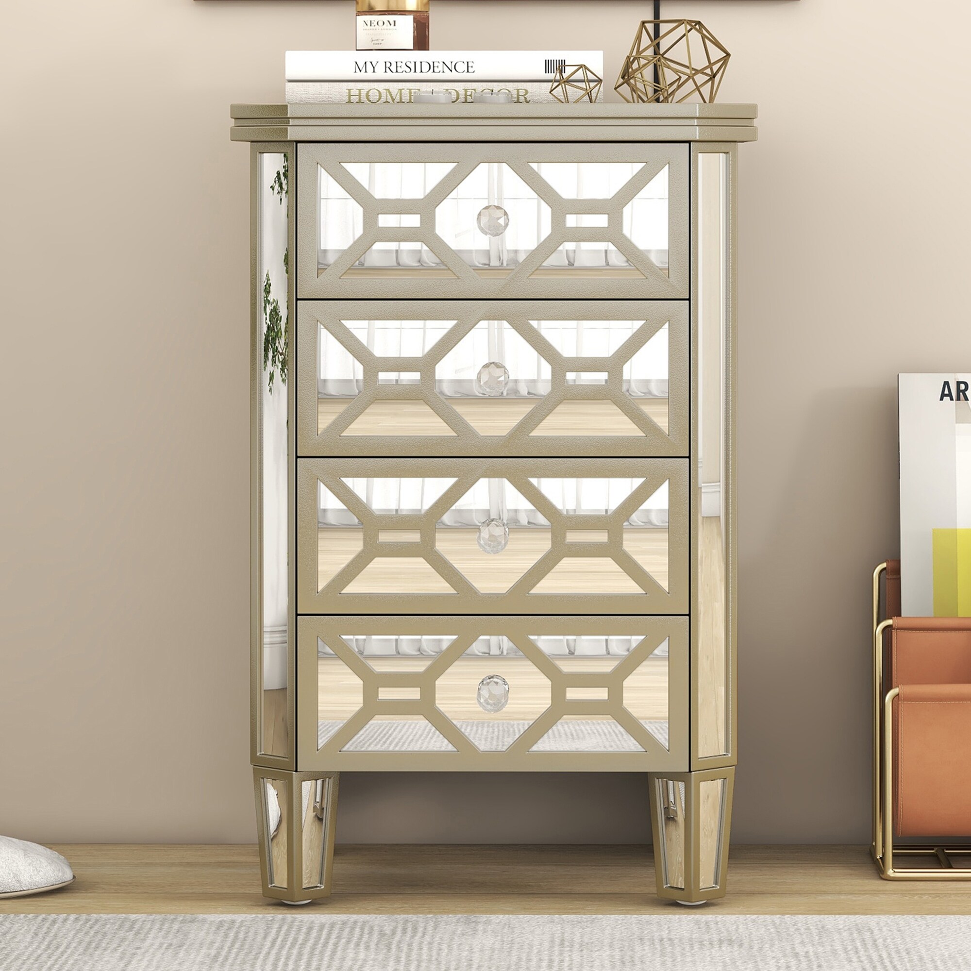 Elegant Mirrored 4-Drawer Chest with Golden Lines Storage Cabinet - - 37857305