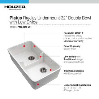 HOUZER Platus Undermount Fireclay 32 in. 5050 Double Bowl Kitchen Sink in White with Low Divide PTD-6400 WH