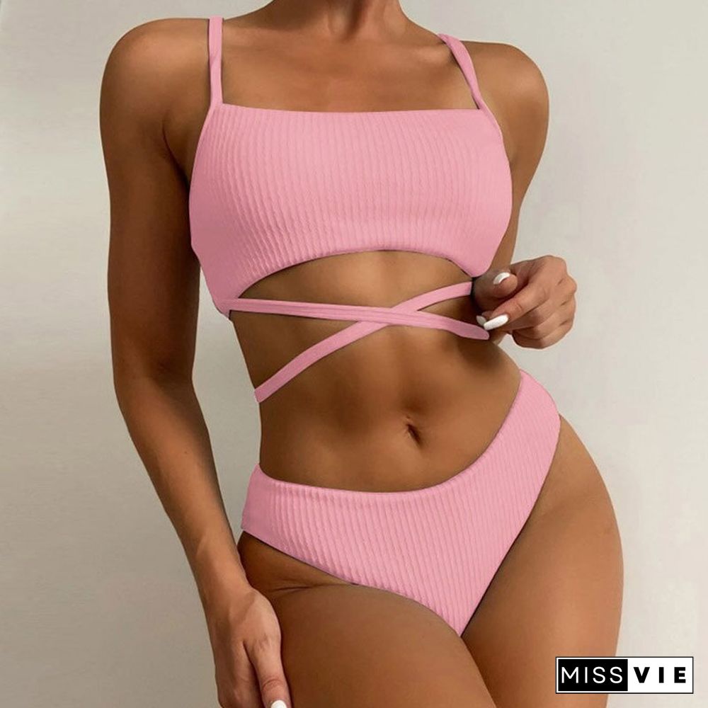 Sexy Bandage Cross Tie-up High Waist Swimwear Women Solid Rib Spaghetti Straps Bikini Set Fashion Backless Push Up Beachwear Set