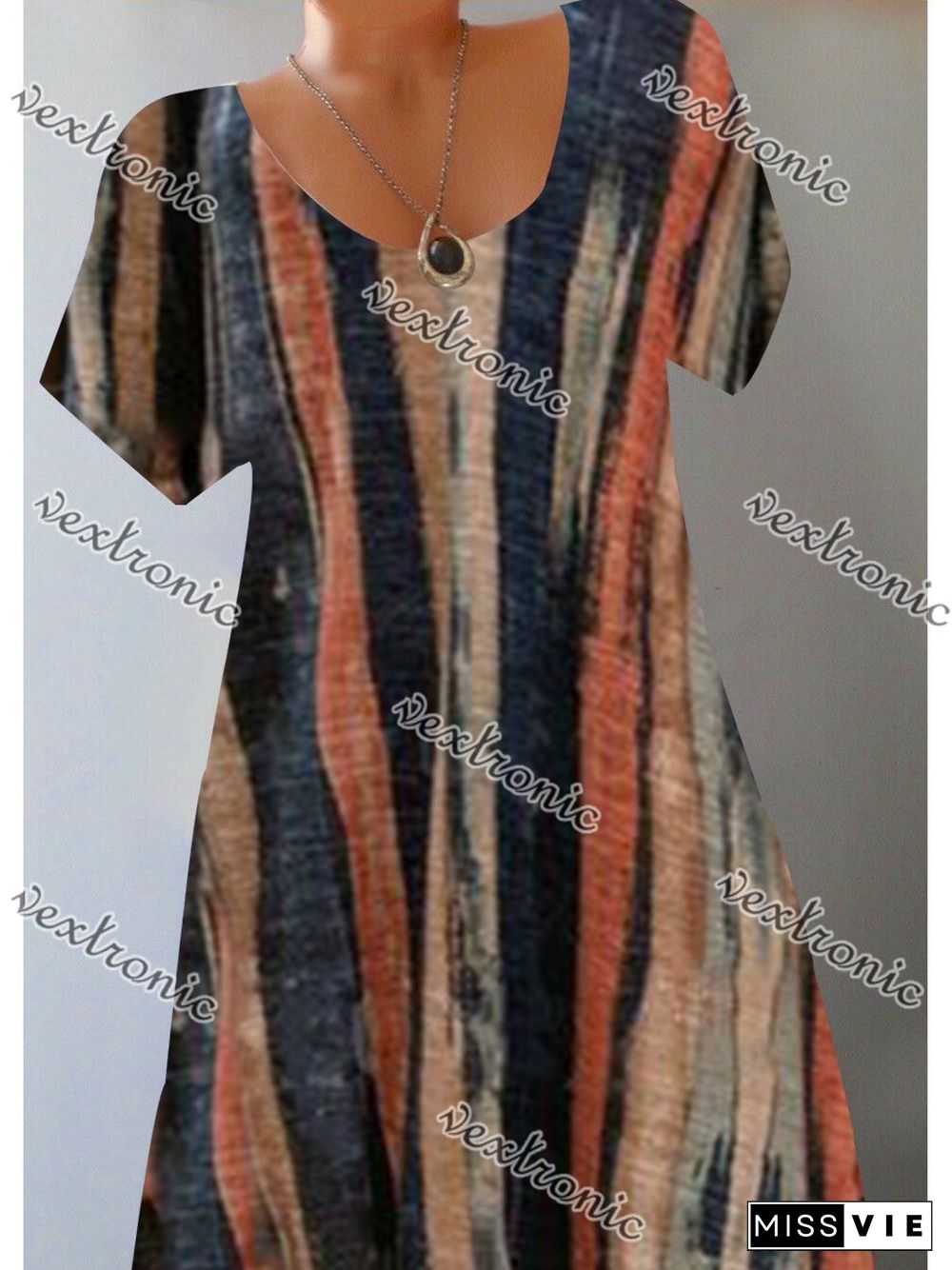 Women's Short Sleeve Scoop Neck Striped Printed Midi Dress