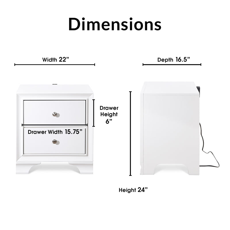 ClickDecor Edmond 2 Drawer Nightstand End Table with USB Charging Station, White