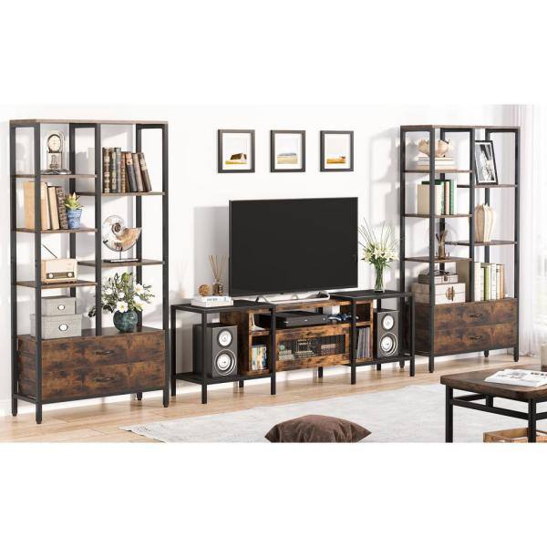 BYBLIGHT Eulas 66.9 in. Rustic Brown Wood 7-Shelf Standard Bookcase 2-Drawers Home Office 31.49 in. W x 11.81 in. D x 66.92 in. H BB-JW0245DT