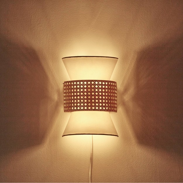 Ayla 2 light Plug in Or Hardwire Wall Sconce With White Fabric Shade And Rattan Accent Globe Electric