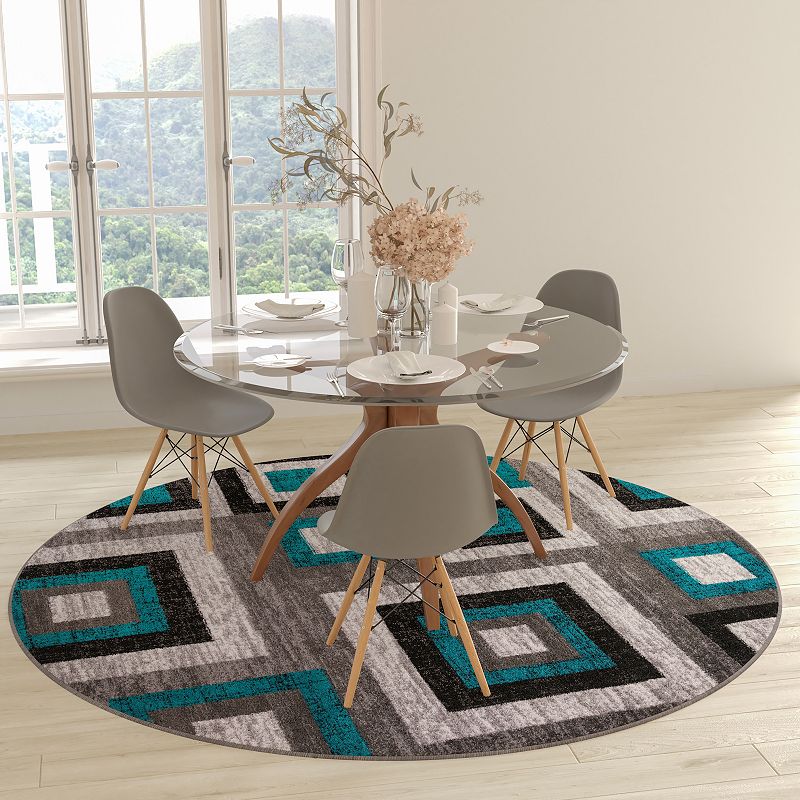 Masada Rugs Newton Collection Modern 8'x8' Round Accent Rug with Geometric Square Pattern in Turquoise， Gray and White