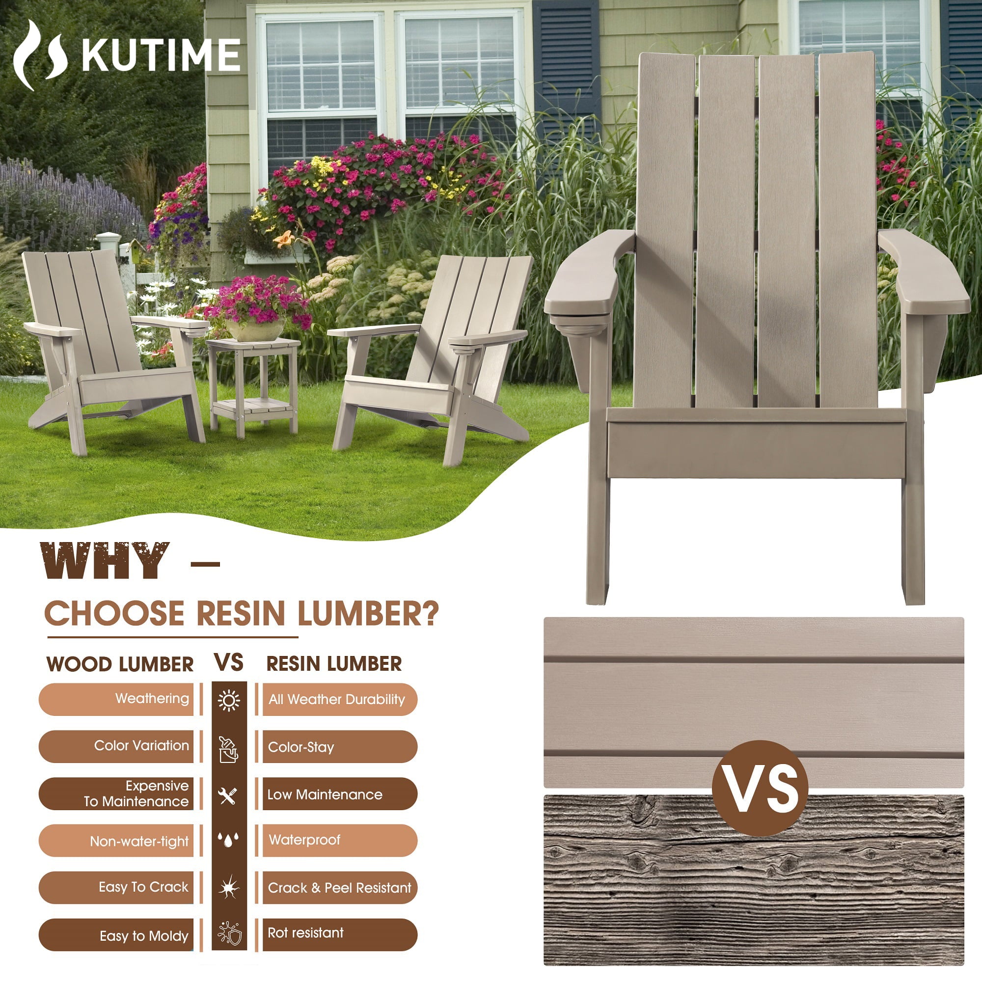 KUTIME | Resin Plastic Adirondack Chair Outdoor Patio Plastic Resin Chair With Cup Holder - Light Brown