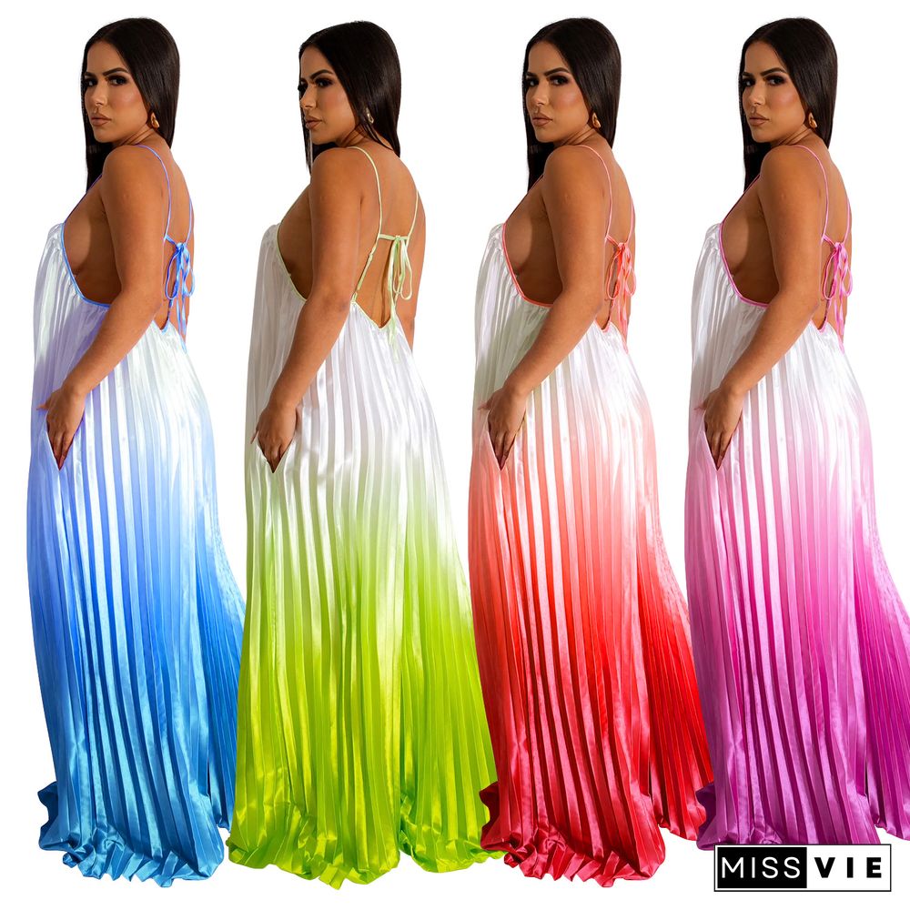 Sexy Backless Deep-V Straps Gradient Color Wide-leg Jumpsuit