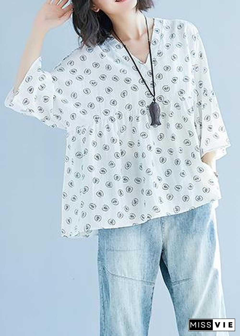 DIY White Print Chiffon Blouse Korea Batwing Sleeve V Neck Tunic Summer Shirt﻿