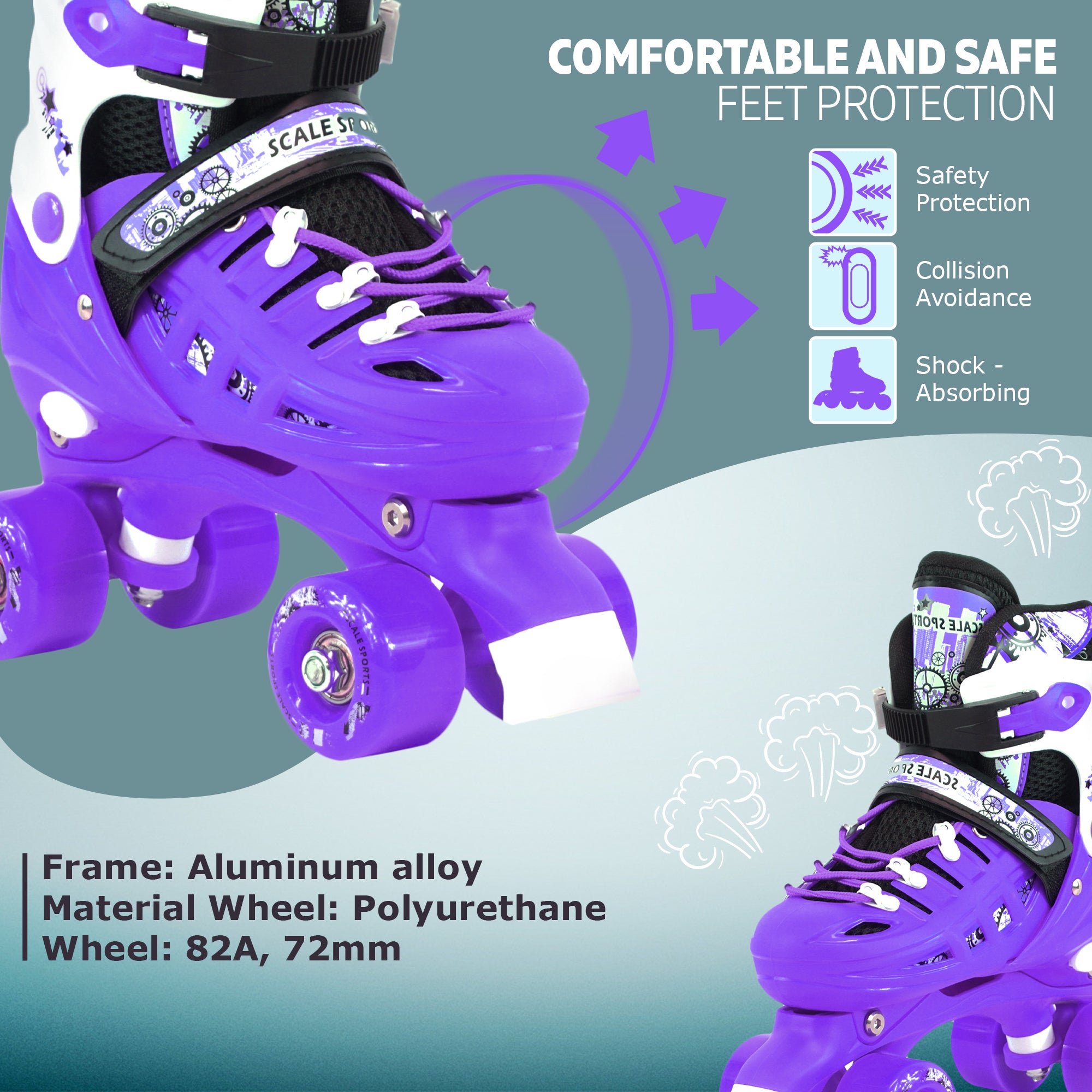 Adjustable Purple Quad Roller Skates For Kids Small Sizes