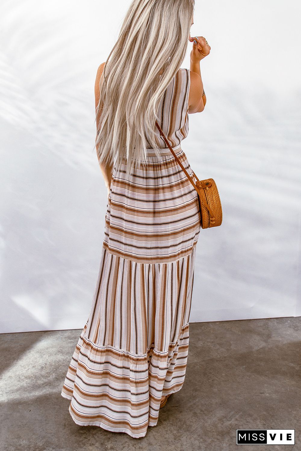 Khaki Striped V Neck Sleeveless Maxi Dress with Tie