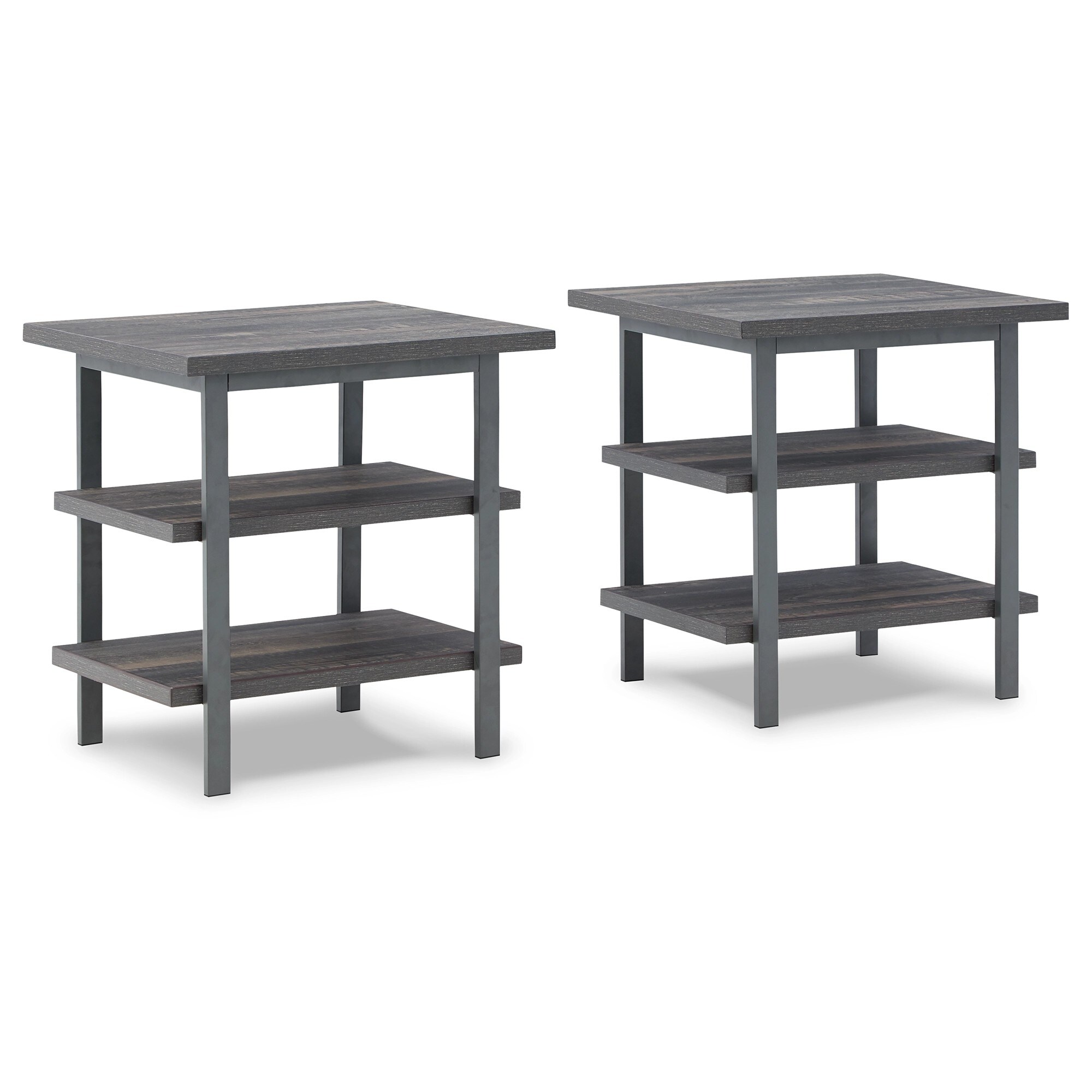 22 Inch Rectangular Side End Table， Set of 2， Rich Brown Wood， Metal Frame