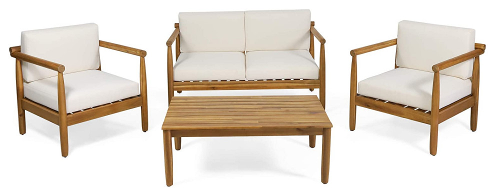 4 Pieces Patio Set  Durable Acacia Wood Frame  ampCushioned Seats  Teak  ampCream   Midcentury   Outdoor Lounge Sets   by Decor Love  Houzz