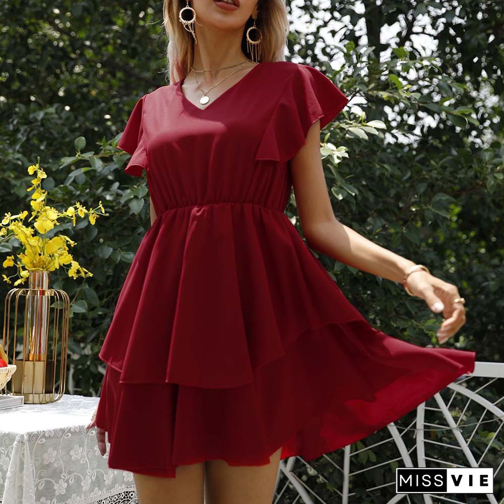 Women Summer Dress Red V-neck Butterfly Short Sleeve Waist Slim Party Mini Dresses Elegant Office Vestidos De Mujer Casual