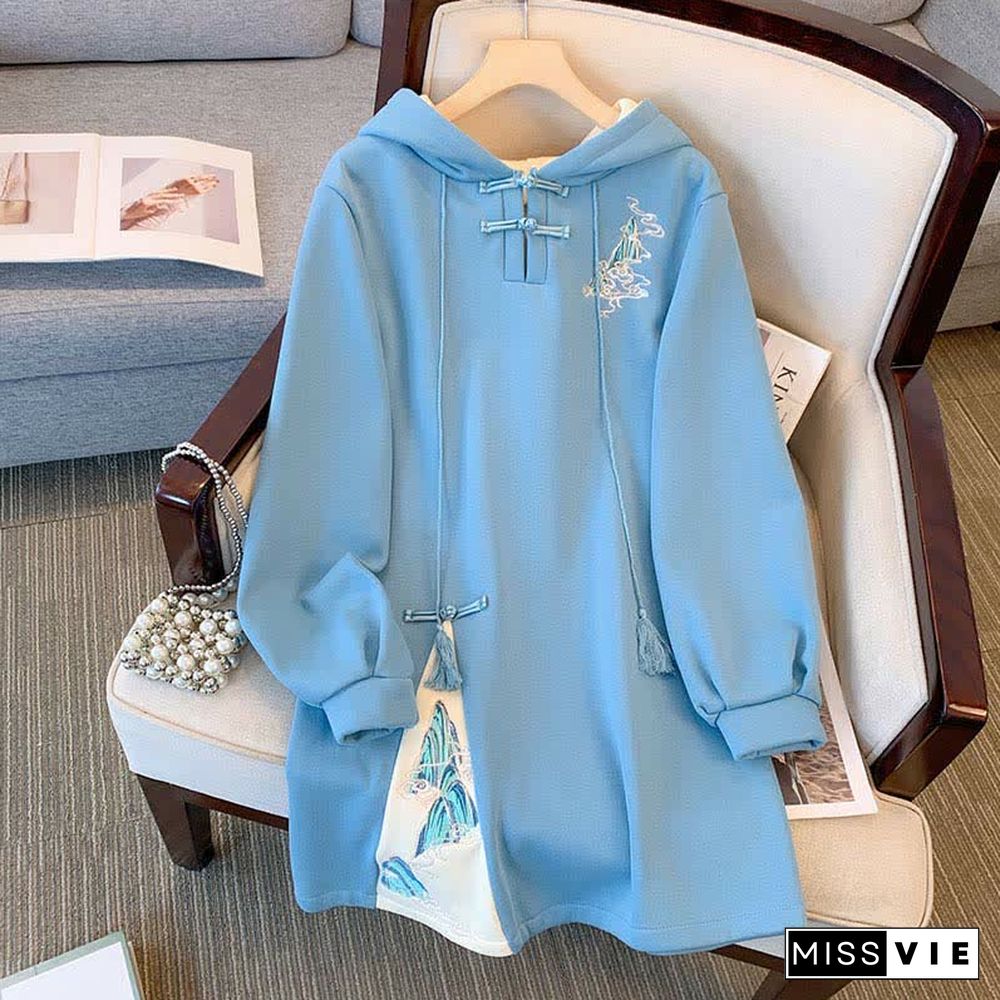 Vintage Embroidery Buckle Plush Hoooded Sweatshirt Dress