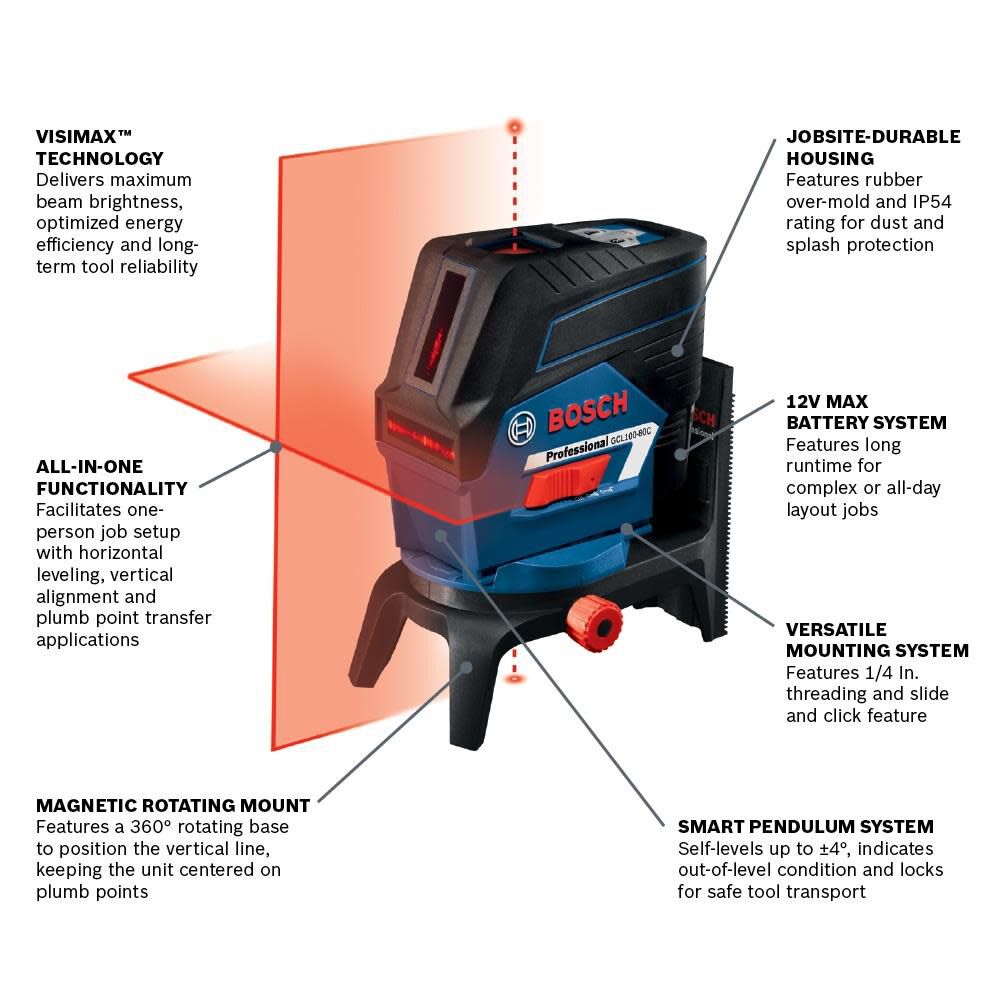 Bosch 12V Max Connected Cross-Line Laser with Plumb Points GCL100-80C from Bosch