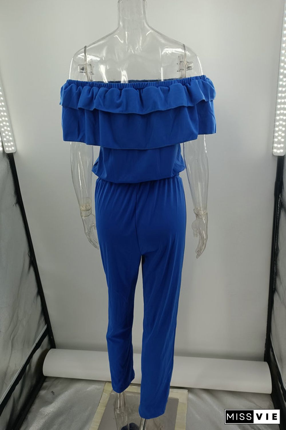 Plain Off Shoulder Ruffle Drawstring Jumpsuits