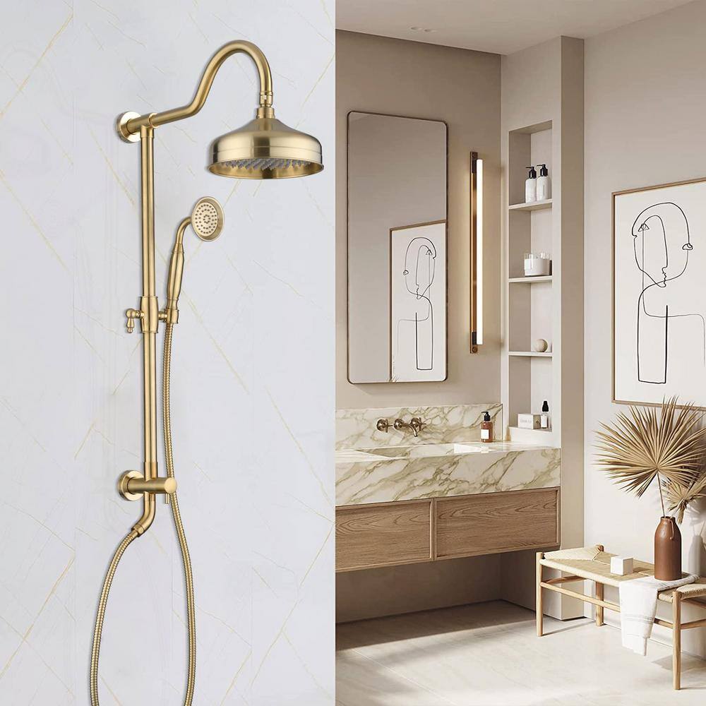 PROOX 2-Spray Round Antique Wall Bar Shower Kit with Hand Shower in Brushed Gold PRH1107-BG