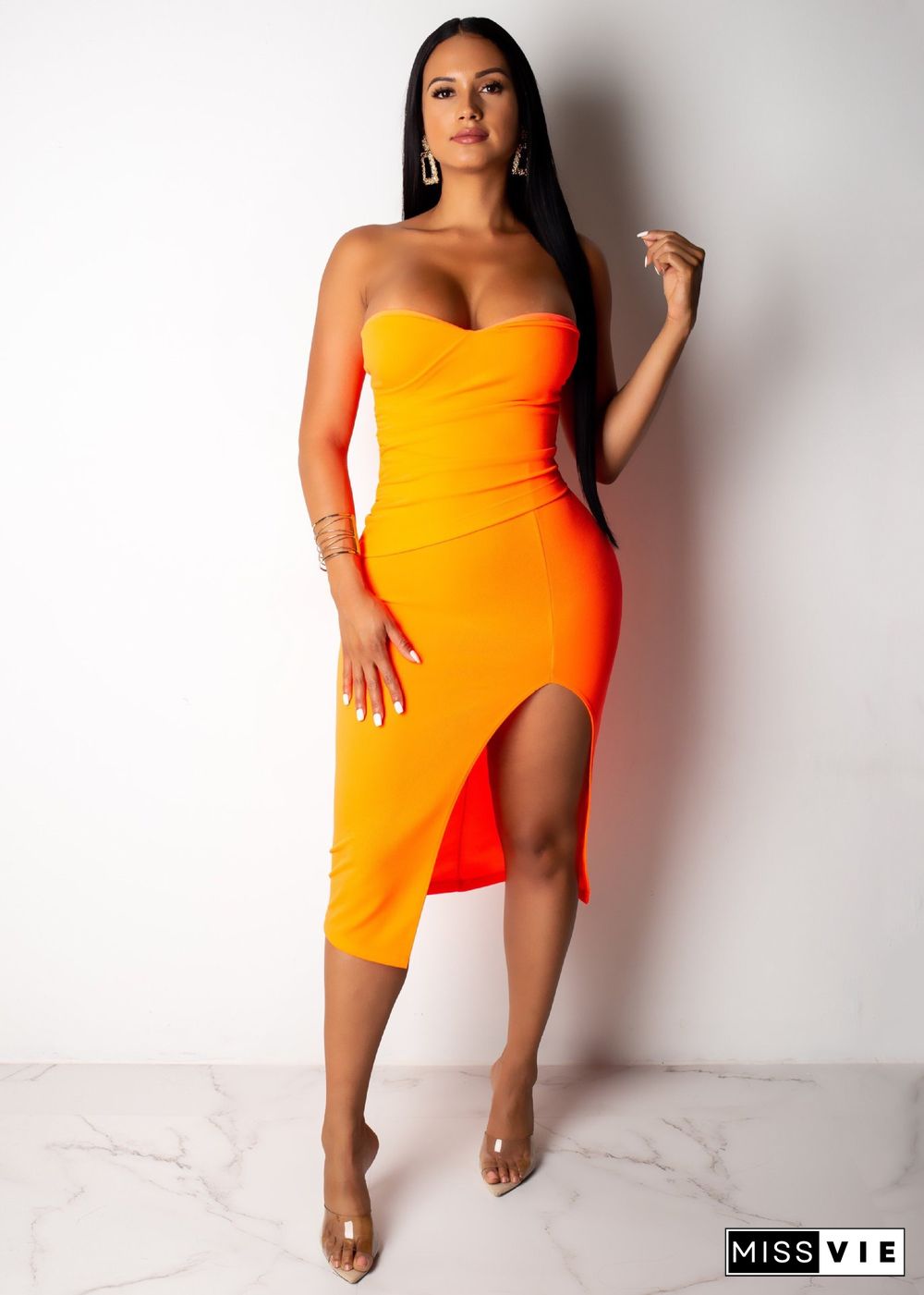 Sexy Wrapped Chest Split Orange Nightclub Maxi Dress