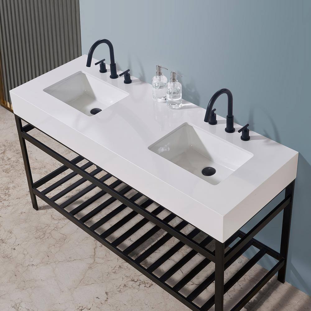 Altair Edolo 60 in. W x 22 in. D x 35 in. H Bath Vanity in Matt Black with White Composite Stone Top 70060-SWAP-MB-NM