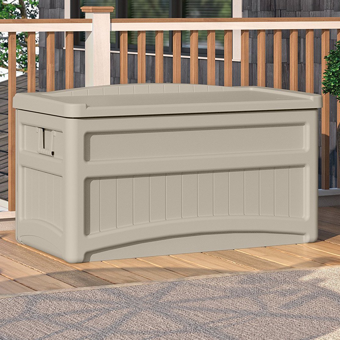 Suncast 73 Gallon Resin Deck Box with Seat, Light Taupe