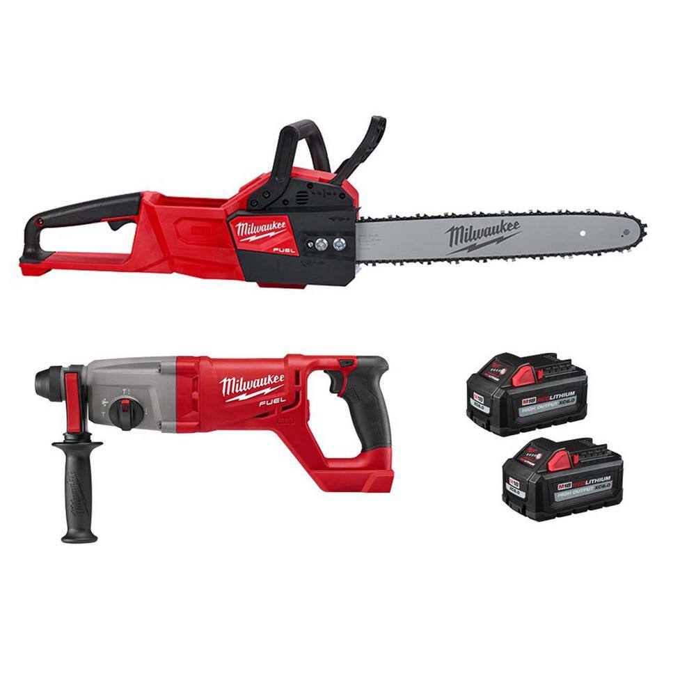 MW M18 FUEL 16 in. 18-Volt Brushless Battery Electric Chainsaw w1 in. SDS-Plus D-Handle Rotary Hammer Two 6Ah Batteries 2727-20-2713-20-48-11-1862