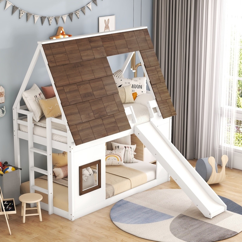 Twin Size Roof Wood House Bunk Bed With Ladder Side Stairs and Slide