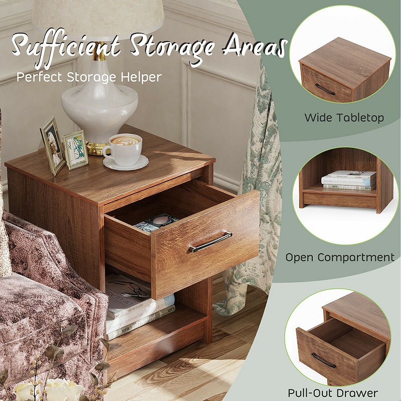 Wooden Nightstand with Drawer and Open Storage Compartment