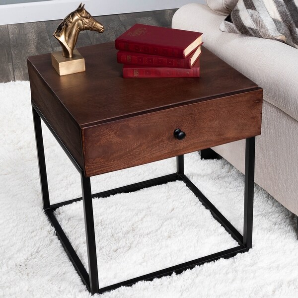 Offex Brixton Wood and Iron End Table with Storage Drawer - Dark Brown - 19.5