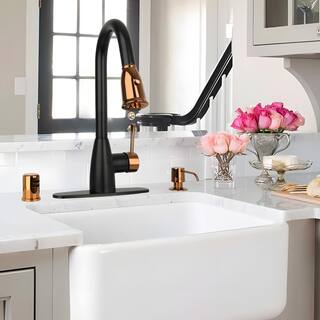 Akicon Two Tone Single Handle Deck Mount Pull Down Sprayer Kitchen Faucet with Deckplate and Soap Dispenser and Air Gap AK96455BLRG-SDA