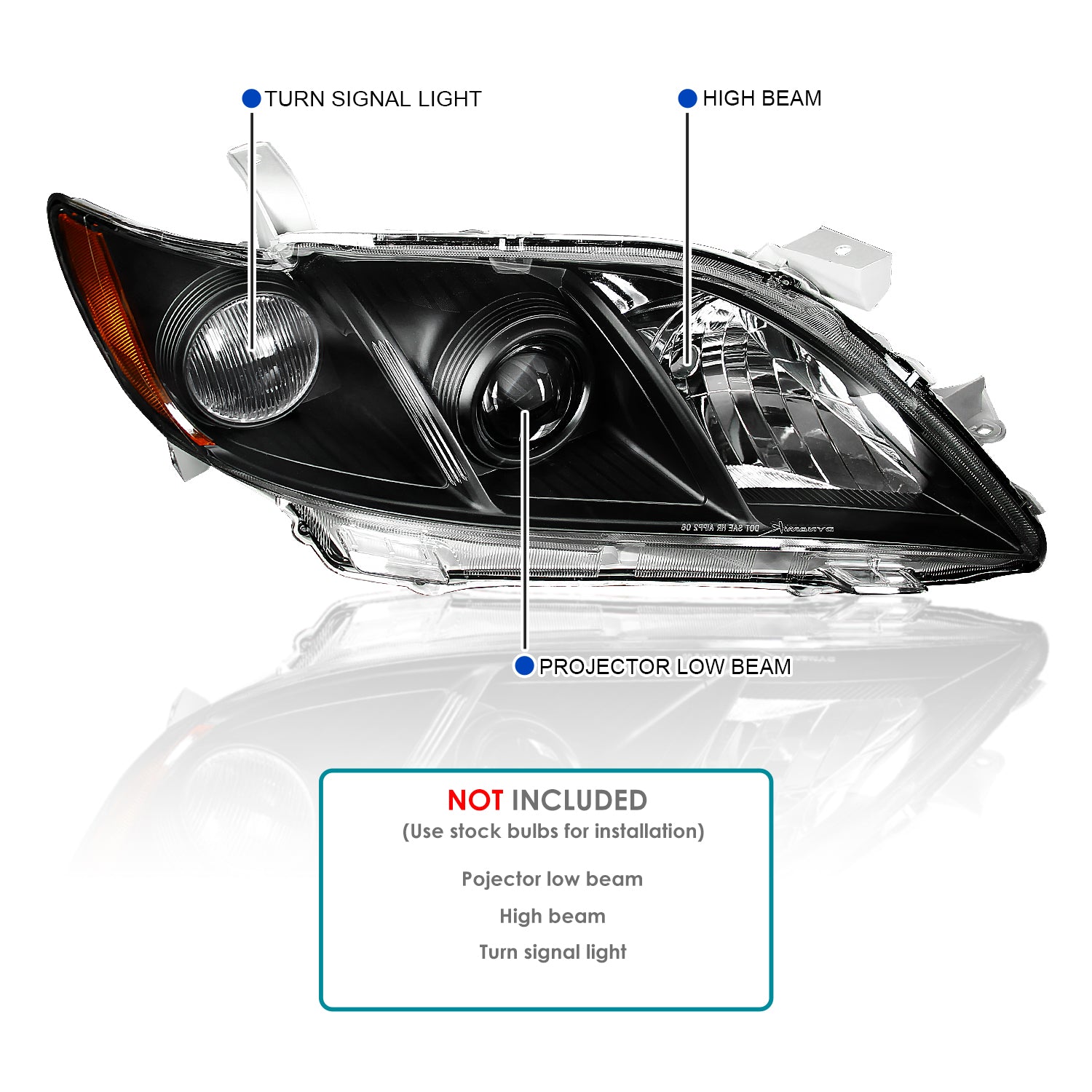 Spec-D Tuning Compatible with 2007-2009 Toyota Camry Black Projector Headlights W/ Amber Reflector 2008 (Left + Right)